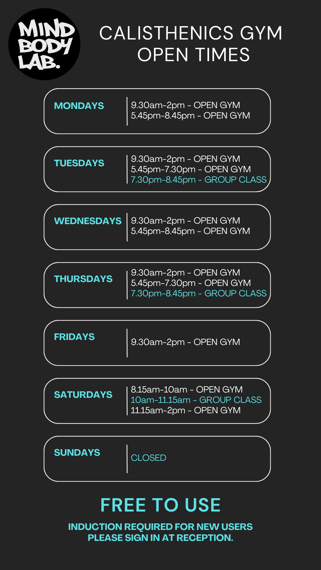 Calisthenics Gym Opening Times